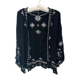 Forever 21 Black Kimono Jacket with White Floral Embroidery